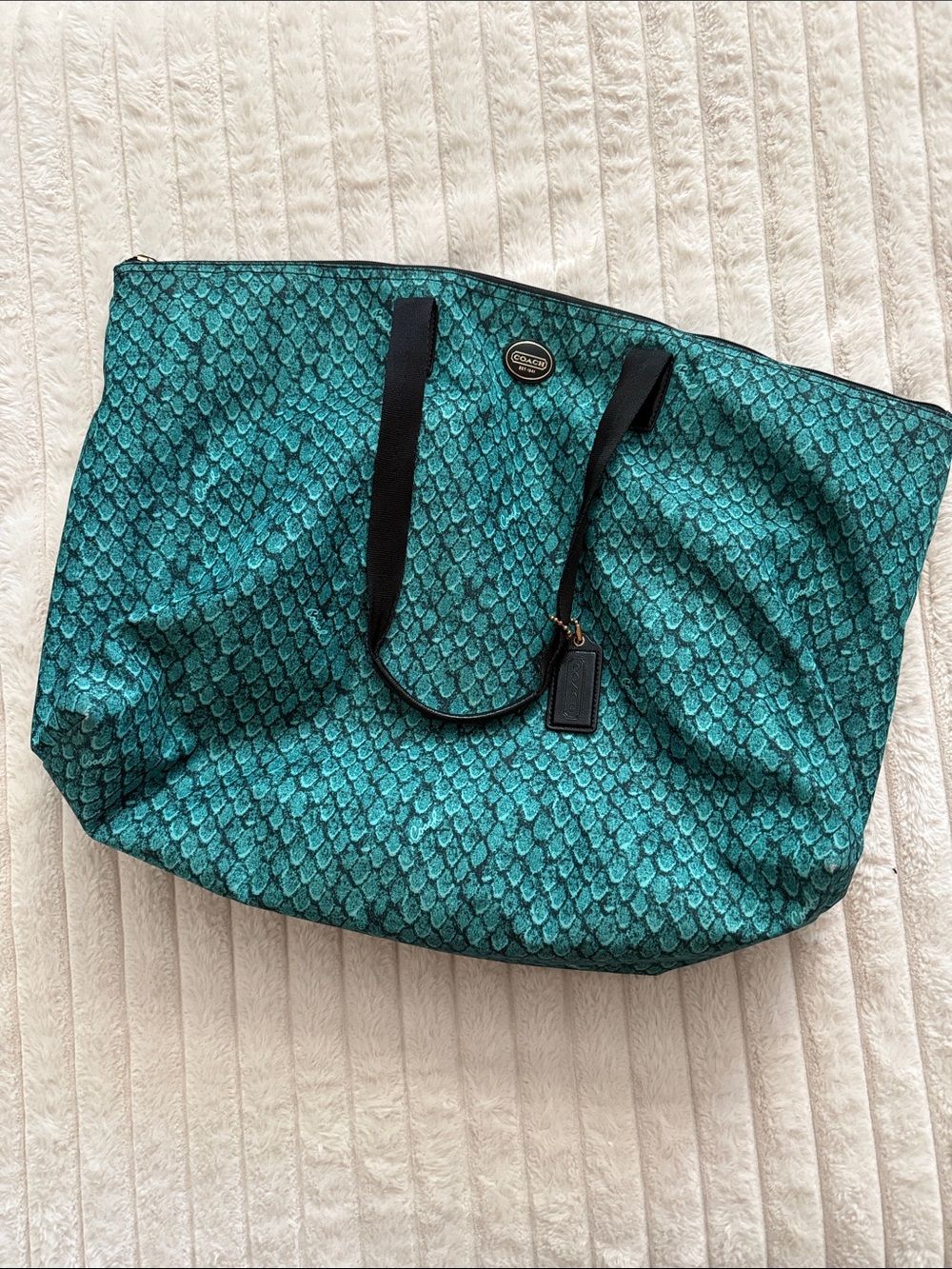 Coach Teal Patterned Tote with Black Straps